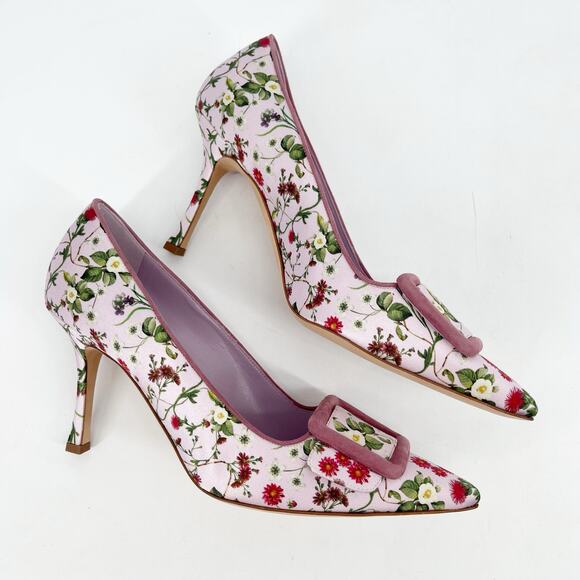 Manolo Blahnik Maysale Pink Floral Satin Buckle Pumps IT 39.5 Pointed Toe Heels - Picture 3 of 11